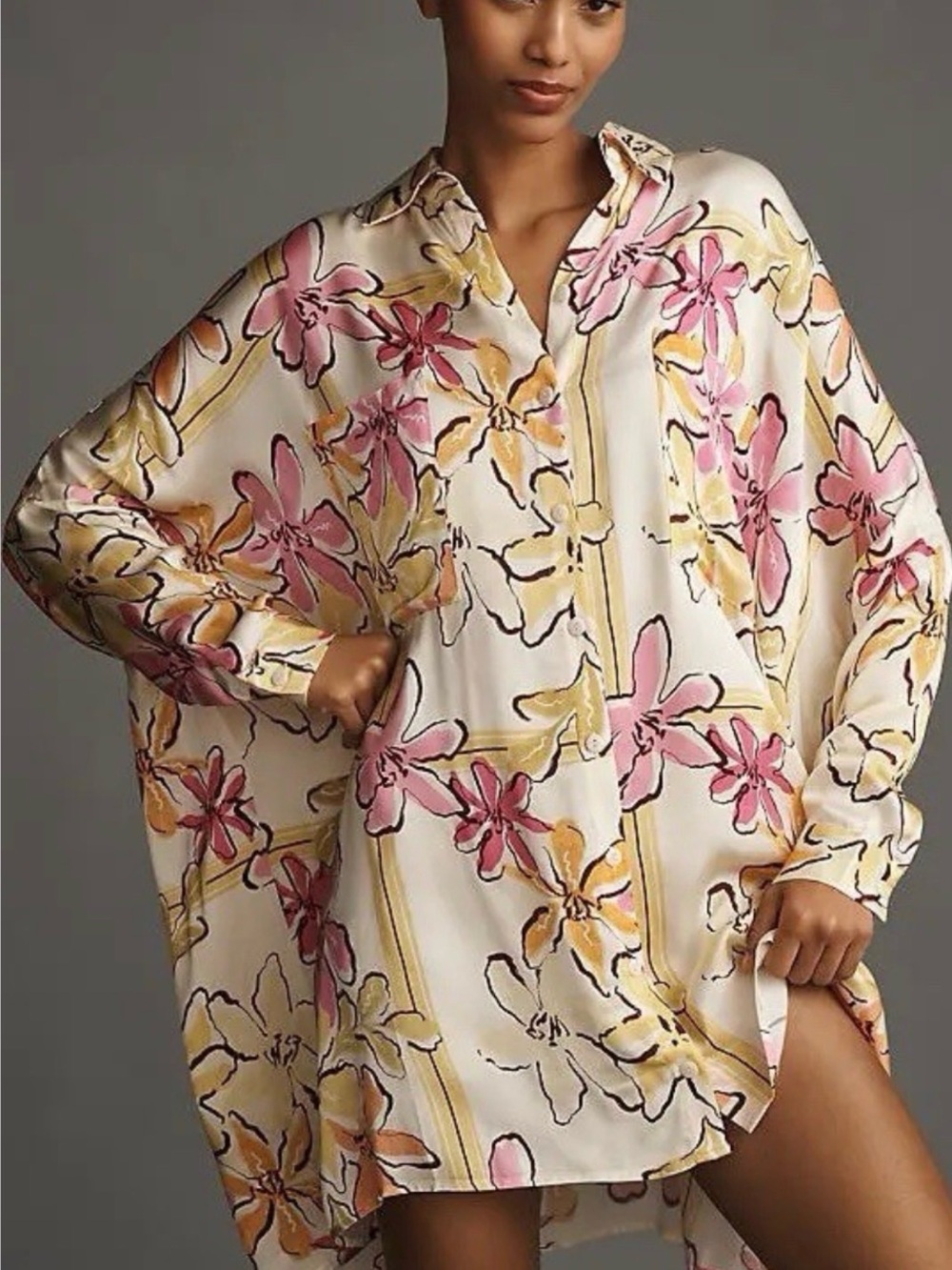 Anthropologie Cream Floral Button-Front Tunic with Pink & Yellow Flowers